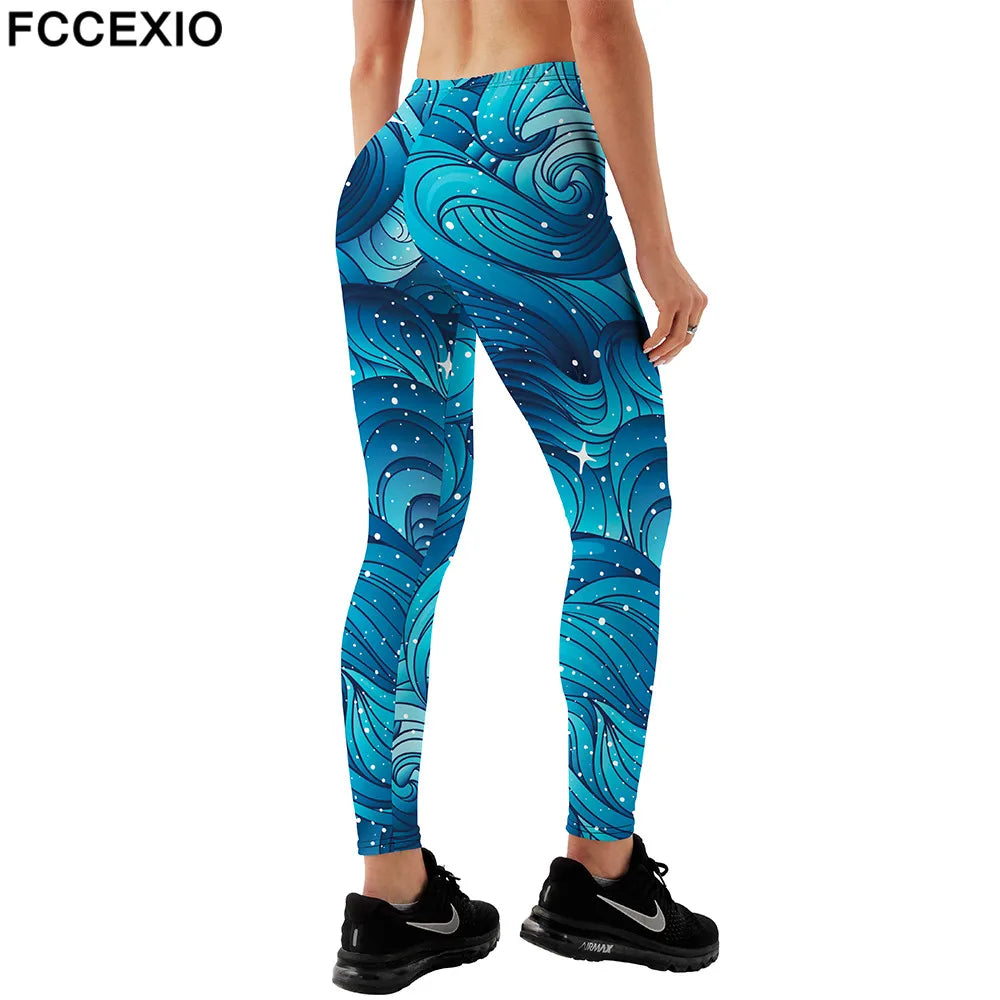 FCCEXIO Brand 3D Natural Starry Clouds or Hair Print Girl Leggings High Waist  Elastic Pants Fitness Women Leggings