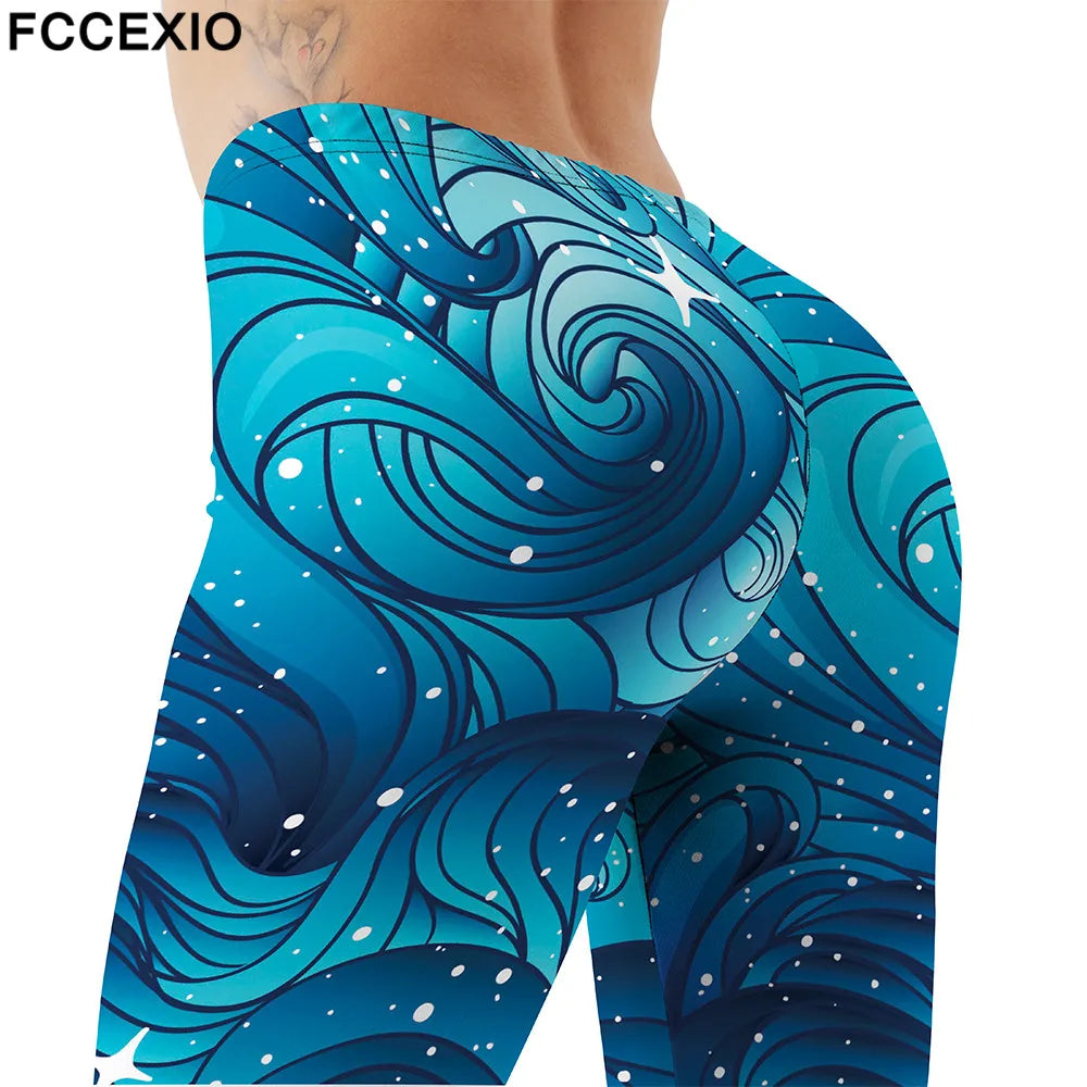 FCCEXIO Brand 3D Natural Starry Clouds or Hair Print Girl Leggings High Waist  Elastic Pants Fitness Women Leggings