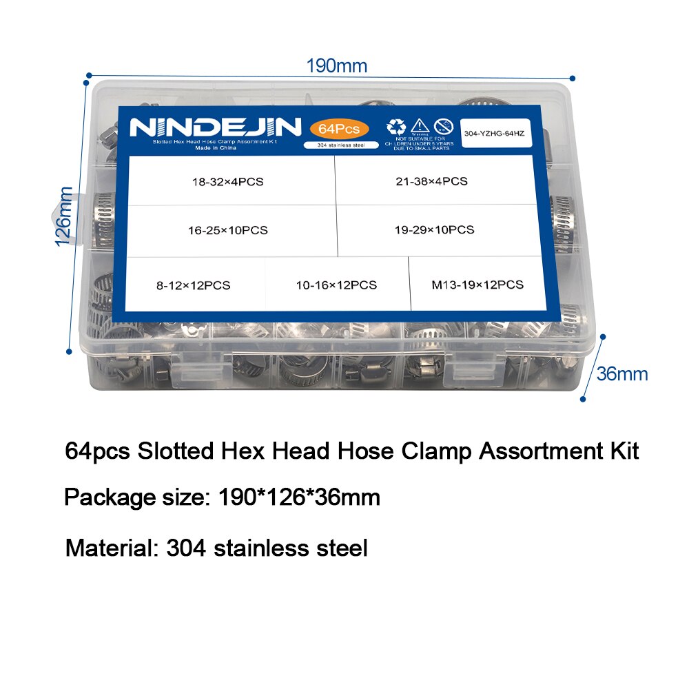 NINDEJIN 64pcs Hose Clamp Assortment Kit Adjustable 8-38Mm Worm Gear Hose Clip Set Fuel Hose Clamp For Cars, Trucks &amp; Suvs, Water Pipe