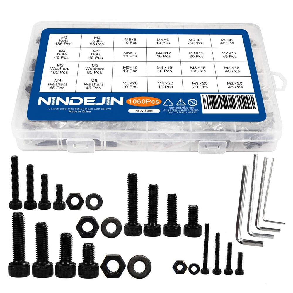 NINDEJIN  M2 M3 M4 M5 Hex Socket Screw Set Carbon Steel Flat Round Cap Head Screws Bolts and Nuts Assortment Kit with Storage Box