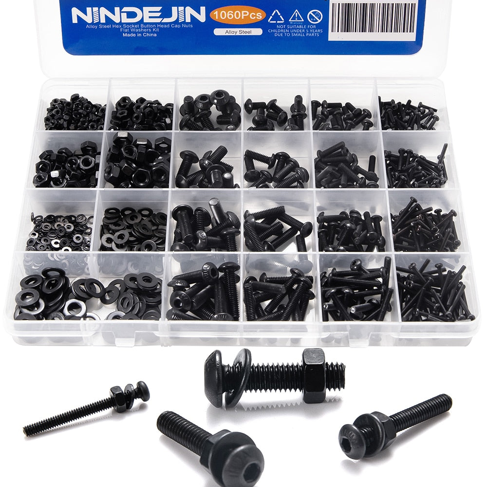 NINDEJIN  M2 M3 M4 M5 Hex Socket Screw Set Carbon Steel Flat Round Cap Head Screws Bolts and Nuts Assortment Kit with Storage Box
