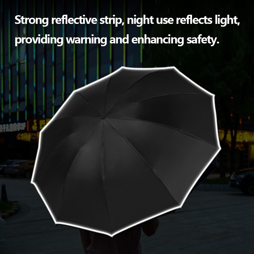 Fully Automatic Reverse Umbrella With LED Light 10 Ribs Windproof Strong Reflective Stripe UV Folding Umbrella For Women and Men