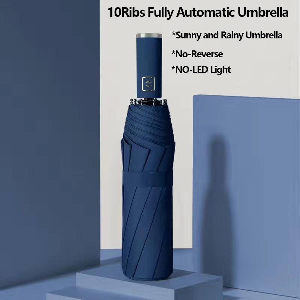 Fully Automatic Reverse Umbrella With LED Light 10 Ribs Windproof Strong Reflective Stripe UV Folding Umbrella For Women and Men