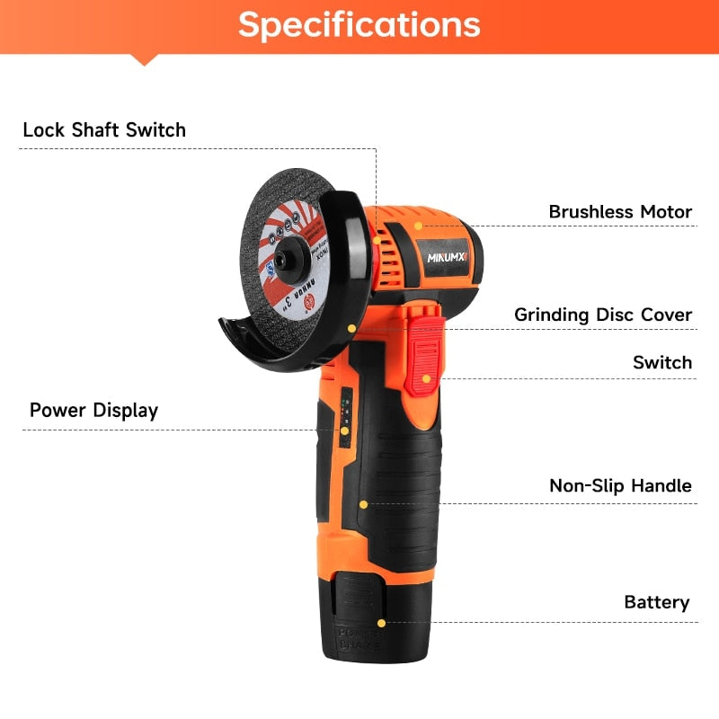 MINUMX 12V Brushless Angle Grinder 19500RPM Cordless Polishing Grinding Diamond Machine Electric Power Tools For Home