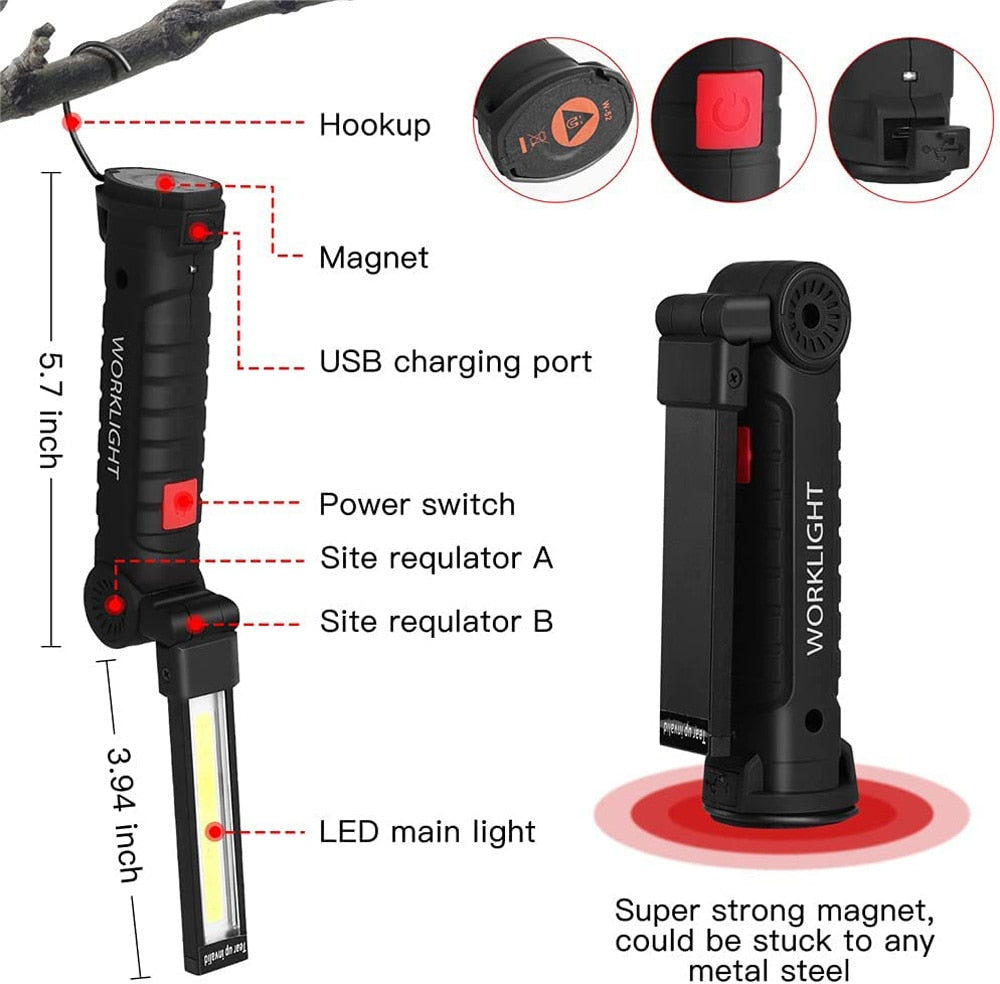 Portable Flashlight COB LED Magnetic Lanterna USB Rechargeable Work Light Hanging Lamp with Built-in Battery Camping Torch